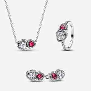 Parure Collier, Clous d'Oreilles & Bague Cœurs Halo